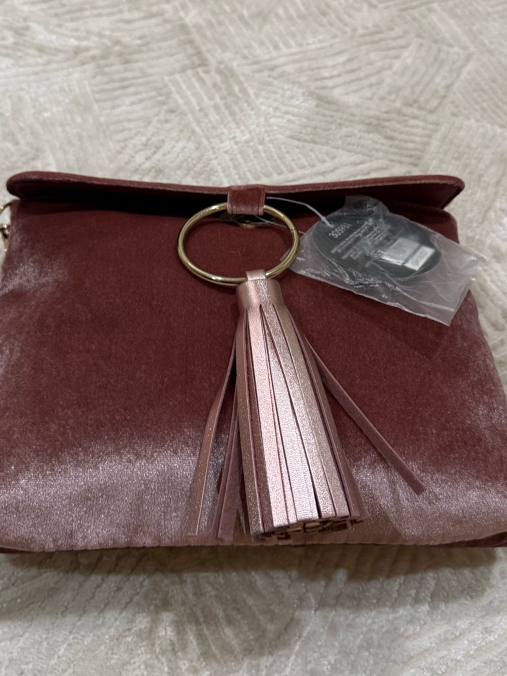 Fashion Bug Velvet Tassel Clutch in Mauve with Gold Ring - Picture 4 of 7
